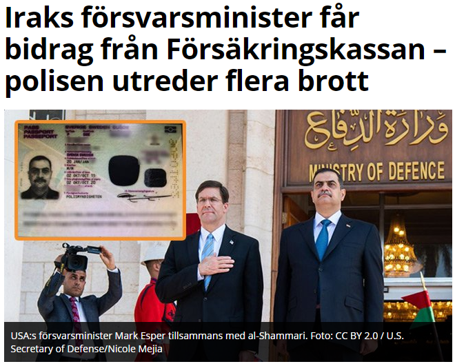 Nyheter Idag: Iraks försvarsminister går på bidrag i Sverige