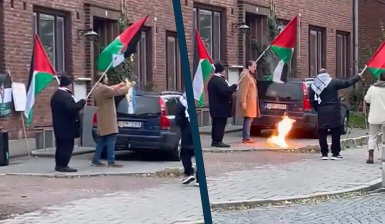 VIDEO: Här bränns den israeliska flaggan vid synagoga i Malmö