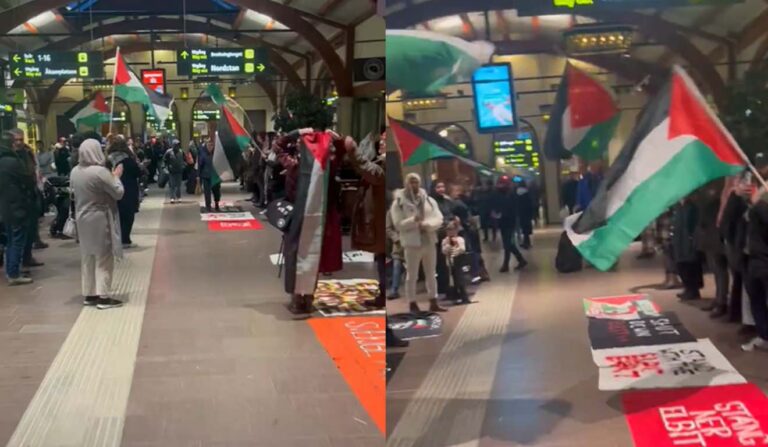 Palestinska demonstranter inne på Centralstationen i Göteborg